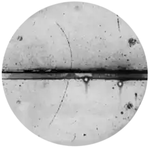 track of subatomic particle moving upward through cloud chamber and bending left (an electron would have turned right)