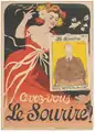 1900 Lithographed advertising poster, Do you have the Smile?,: a smiling woman wants to censor with imaginary scissors the magazine which depicts editor Alphonse Allais; bottom right, one hand grabs the woman's dress while two gendarmes laugh in a corner.