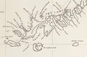 Fragment of George Powell's 1822 chart of the South Shetland Islands and South Orkney Islands featuring Robbery Beaches (as 'North Beach')