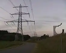 The line crosses the international border between Bavaria and Czech near Waidhaus. The pylon in the foreground stands in Bavaria the others are in Czech