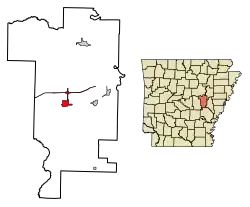 Location of Hazen in Prairie County, Arkansas.
