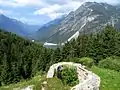 West view from the pass, showing Lake Predil