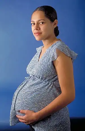 Young pregnant woman wearing early 21st century maternity blouse