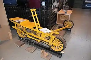 Single-person railroad velocipede on display at the Toronto Railway Historical Association.