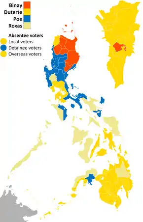 Provinces where Duterte won at least a plurality are in bright yellow. The Marcoses supported both Duterte and Defensor-Santiago in the election. Provinces where Binay (former running mate of Estrada) won at least a plurality are in orange.