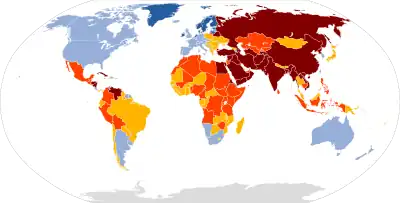 Image 332023 World Press Freedom Index   Good: 85–100 points   Satisfactory: 70–85 points   Problematic: 55–70 points   Difficult: 40–55 points   Very serious <40 points   Not classified (from Freedom of the press)