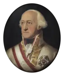 Painting of a white-haired man with a receding hairline. He wears a white military uniform with gold braid on the collar while his chest is adorned with a large silver award and a red and white sash.