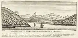 Image 1Island of Príncipe (Sao Tome and Principe), 1727. The inscription says: "The ISLAND of PRINCESS lies between the Islands of FERNANDO PO & St. THOMÉ in the Latitude of 1 Degree 30 Minutes N. all belonging to the Portuguese. This Island is very Woody and breeds abundance of Monkeys, insomuch that it is not safe to walk in the Woods without a gun. The harbour is very convenient to Careen Ships in, and most Ships Bound from Africa to America with Slaves put in here for Food, Water etc."