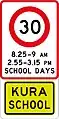 (R1-6.1) 30 km/h school zone speed limit in effect during times specified