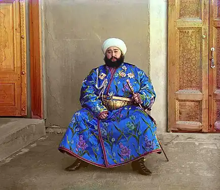 Image 7An early colour photograph of the Emir of Bukhara, Mohammed Alim Khan, in 1911, taken by Sergei Mikhailovich Prokudin-Gorskii as part of his work to document the Russian Empire from 1909 to 1915. Alim Khan, a direct descendant of Genghis Khan, was the last emir of the Manghit dynasty. He reigned from 1911 to 1920, fleeing to Afghanistan when the Bolsheviks annexed Bukhara and proclaimed the Bukharan People's Republic.Credit:Baba66