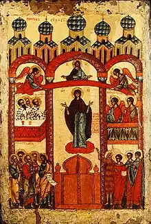 The Protection of Our Most Holy Lady Theotokos (Novgorod Icon, 1401-1425).