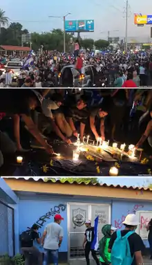 3 different pictures collaged. First picture - woman standing on a car surrounded by crowd of people protesting in the middle of the road. Second picture - People lighting candles at vigil in the middle of the road at night time. Third picture - Protestors vandalising the National Police station with graffiti.