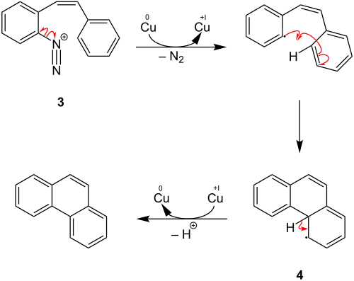 Dritter Teil des Reaktionsmechanismus der Pschorr-Cyclisierung