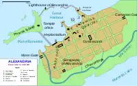 Plan of the city of Alexandria including road layout, major buildings, and hydrographical details.