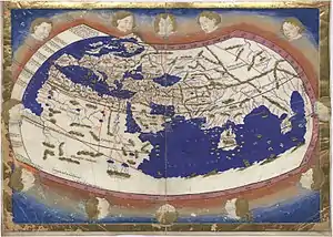 Nicolaus Germanus's 1467 manuscript copy of Ptolemy's world map.  Note the Romanized names of the winds, very different from those stated in Situations, but in the same cultural tradition.