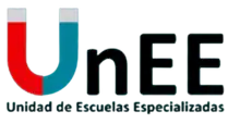 Capital ''U'' with red and color sections, denoting a magnet, followed by a minuscule ''n'' and two capital ''E''s in black. Under all are the words '''Unidad de Escuelas Especializadas'' ("Specialized Schools Unit").