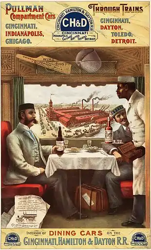 Image 18Lithograph advertisement for the CH&D Railway showing the interior of a Pullman dining car, 1894, with a Pullman porter serving two men at a table.Image credit: Strobridge & Co. (lithographers), Library of Congress (digital file), Mu (upload) (from Portal:Illinois/Selected picture)