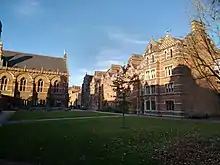 View of Pusey Quad showing the famous red brick buildings looking towards Porter's Lodge