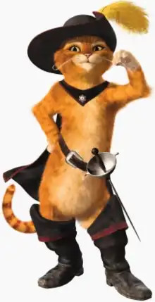 A fictional cat from the Shrek franchise, wearing boots, a feathered hat, and a cape while wielding a sword.