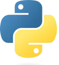 A highly abstracted symbol suggestive of the head ends of two snakes in a double helix viewed head-on, curved clockwise toward the viewer: a blue snake comes in from behind to the left, with head folding back on its body at the top, and a yellow snake comes in from behind to the right and its head folds back on its body at the bottom; the overall silhouette of the symbol forms a rough plus sign, and the eye locations are suggestive of a yin and yang.