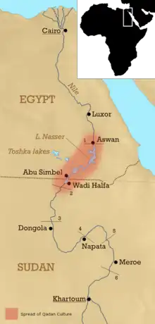 Nubia shows the spread of Qadan Culture along the Nile River (approx. 15,000 years ago)