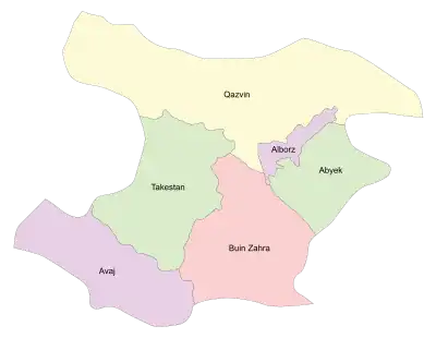 Location of Avaj County in Qazvin province (bottom, purple)