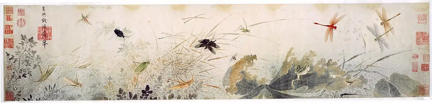 Early Autumn; by Qian Xuan; 13th century; ink and colors on paper scroll; 26.7 × 120.7 cm; Detroit Institute of Arts (Detroit, US). The decaying lotus leaves and dragonflies hovering over stagnant water are probably a veiled criticism of Mongol rule