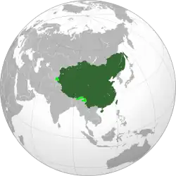 The Qing dynasty at its greatest extent in 1760, superimposed on a present-day world map. Claimed territory that was not under its control is shown in light green.