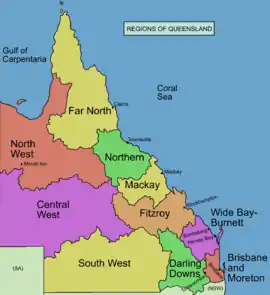 Image 3Commonly designated regions of Queensland, with Central Queensland divided into Mackay and Fitzroy subregions (from Queensland)