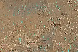 Quadrangle map of Oxia Palus labeled with major features. Aram Chaos is near the bottom of the image.