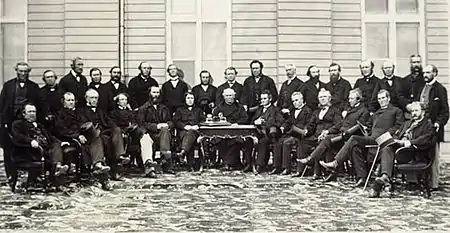 Delegates of the Legislatures of Canada gathering  at the Quebec Conference – Photo by Jules I. Livernois on  October 27, 1864.