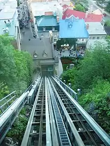 View from the Funiculaire du Vieux-Québec, looking down on Rue Sous-le-Fort (straight ahead) and Rue du Petit-Champlain to the right