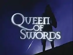 A silhouette of the Queen of Swords behind the title