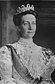 Queen Victoria wearing the tiara as a corsage with the Leuchtenberg Sapphire Parure at Prince Gustaf Adolf's wedding, 1905