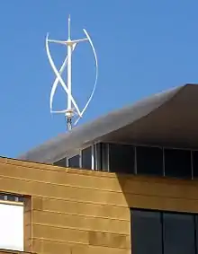 Image 12A small Quietrevolution QR5 Gorlov type vertical axis wind turbine on the roof of Colston Hall in Bristol, England. Measuring 3 m in diameter and 5 m high, it has a nameplate rating of 6.5 kW. (from Wind power)