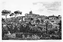 An etching of the Quirinal Hill, crowned by the mass of the Palazzo del Quirinale, from Rossini's 'I Sette Colli di Roma antica e moderna published in 1827