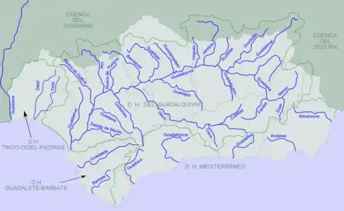 Rivers of Andalusia. The Andarax is second from the right of the rivers reaching the Mediterranean.