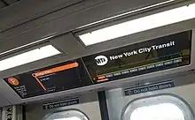 The digital display system system of the R211, simulating an Avenue X-bound F train