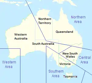 Map of Australia showing state borders, with RAAF area command boundaries superimposed