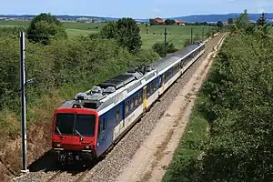 Blue-and-white train on single-track railway line surrounded by green foliage