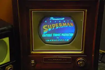 Image 22RCA CT-100 at the SPARK Museum of Electrical Invention playing Superman. The RCA CT-100 was the first mass-produced color TV set. (from Color television)