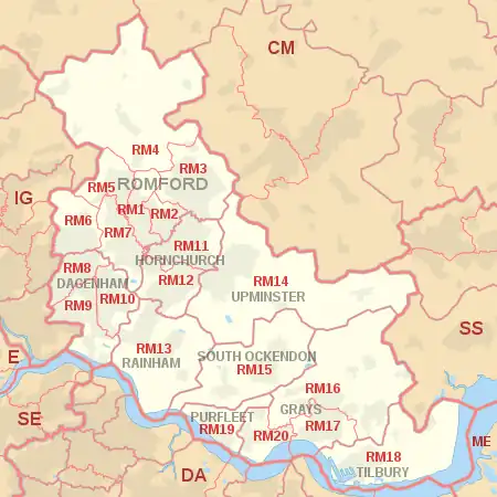 RM postcode area map, showing postcode districts, post towns and neighbouring postcode areas.