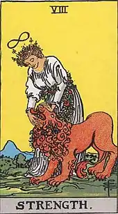 Strength tarot card, depicting a woman crowned by an infinity symbol, holding shut a lion's mouth