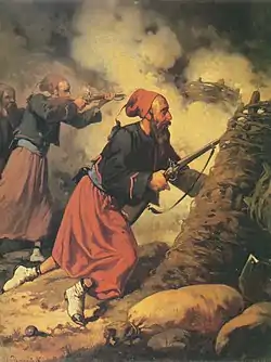 Zouave units wore identical uniforms to their French counterparts [1858 painting Zouaves in Fight]