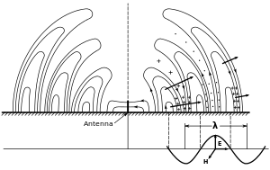 Image 4Diagram of the electric fields (E) and magnetic fields (H) of radio waves emitted by a monopole radio transmitting antenna (small dark vertical line in the center). The E and H fields are perpendicular, as implied by the phase diagram in the lower right. (from Radio wave)