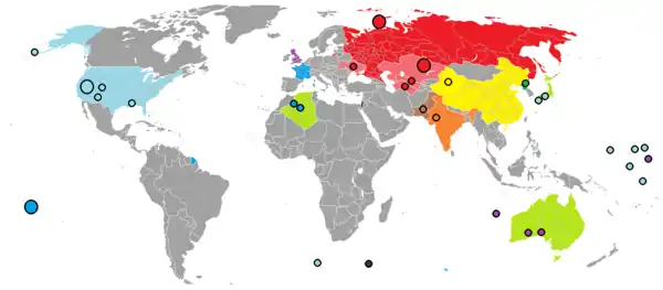 Image 39Over 2,000 nuclear tests have been conducted in over a dozen different sites around the world. Red Russia/Soviet Union, blue France, light blue United States, violet Britain, yellow China, orange India, brown Pakistan, green North Korea and light green (territories exposed to nuclear bombs). The Black dot indicates the location of the Vela incident. (from Nuclear weapon)