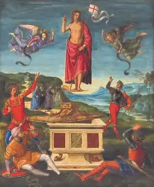 Image 24Depictions of the Resurrection of Jesus are central to Christian art (Resurrection of Christ by Raphael, 1499–1502). (from Jesus in Christianity)