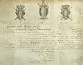 Arms with blue and red bars in a Ragusan Consular Diploma (the aforementioned credentials of Bartolomeo Lodovico Ghiglione)