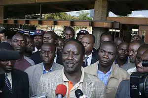 Image 9Former Prime Minister Raila Odinga speaking to the Kenyan media. (from Culture of Kenya)