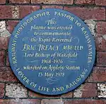 Plaque to Bishop Treacy's life and work at Appleby railway station